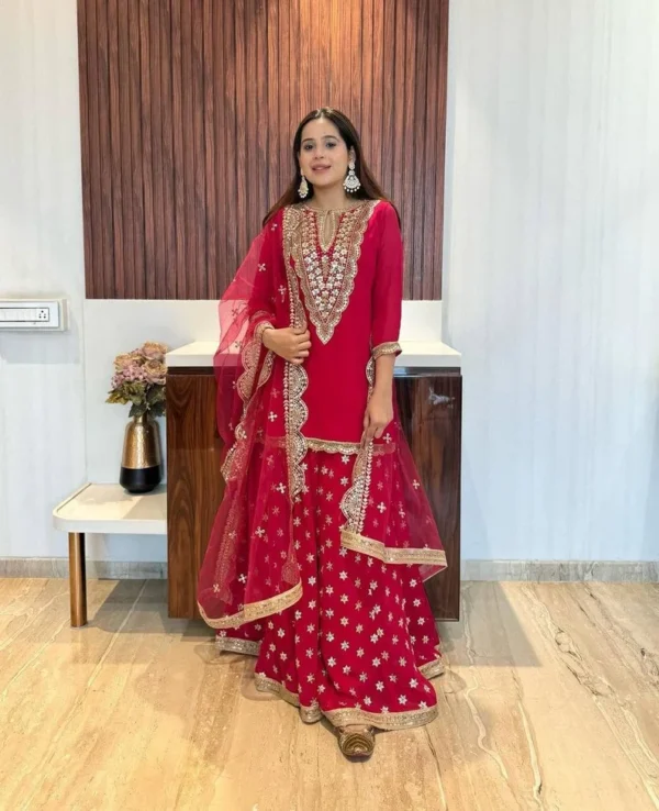 Pakistani Style Red Ready To Wear Palazzo Kurta In Real Mirror And Hand Work Sabyasachi Palazzo For Women and Girls